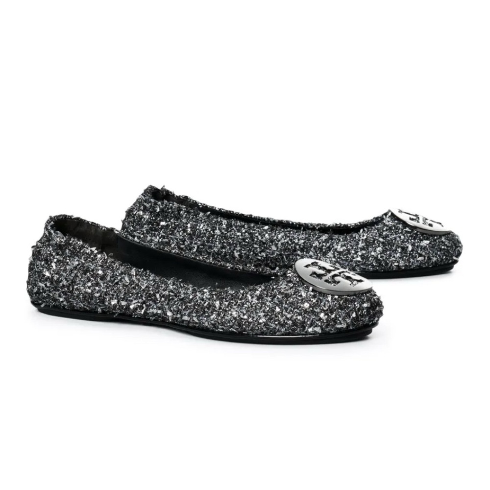 NEW Tory Burch Minnie Jacquard Silver/Gunmetal Pave  Flats